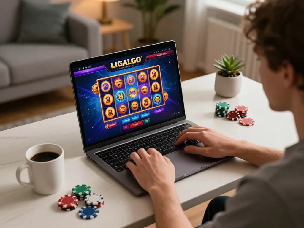 Engaged player enjoying LIGALGO online gaming experience using laptop with casino interface.