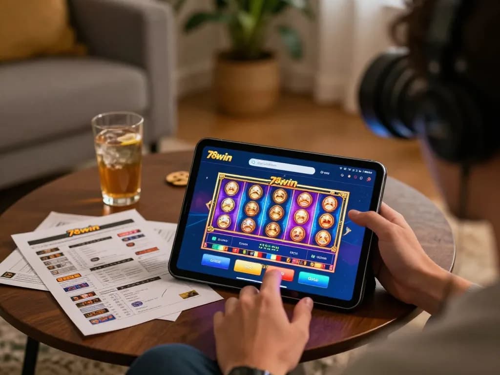 Engaging gameplay on the 78win app in a cozy setting, showcasing strategic betting notes and colorful slot games.