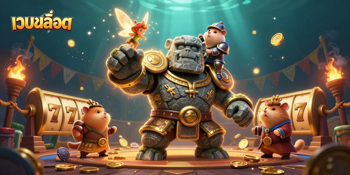 Spin the เว็บสล็อต reels with a whimsical golem guardian and magical companions in a vibrant scene.
