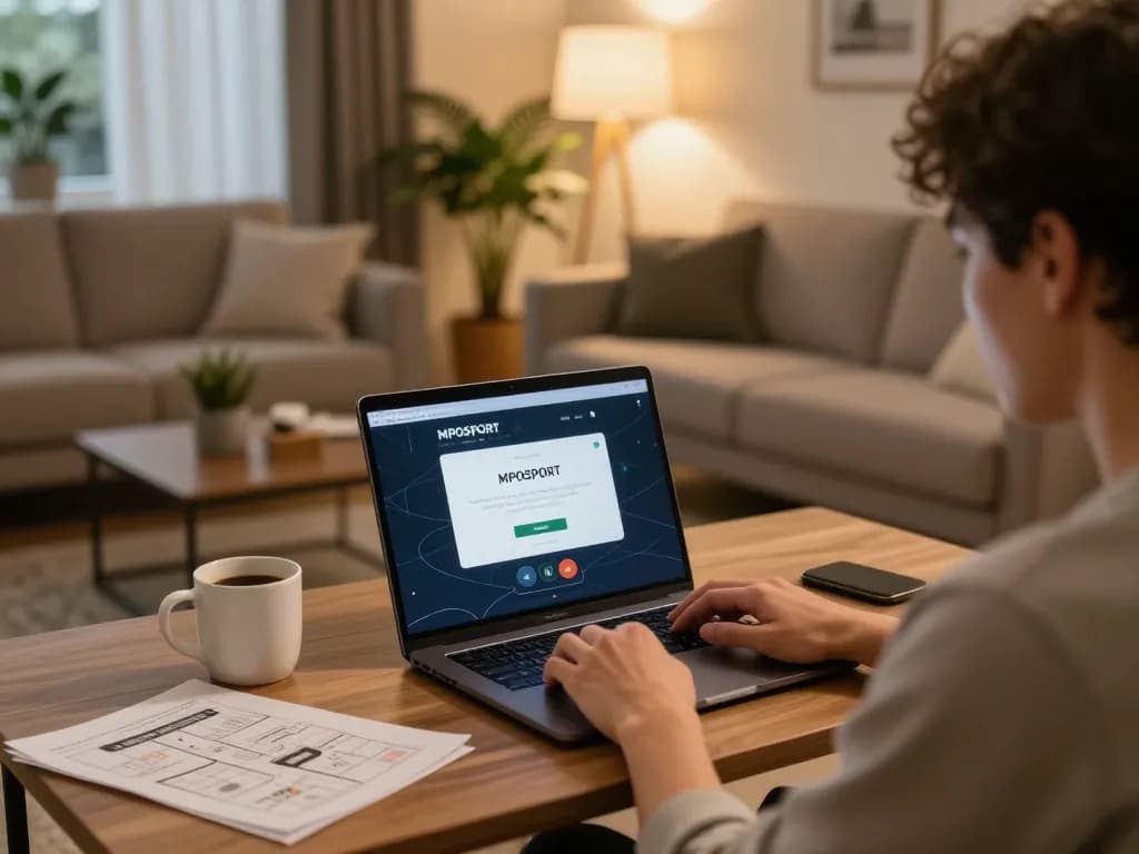 Engaging with the MPOSPORT login interface for online gambling in a cozy home setting.