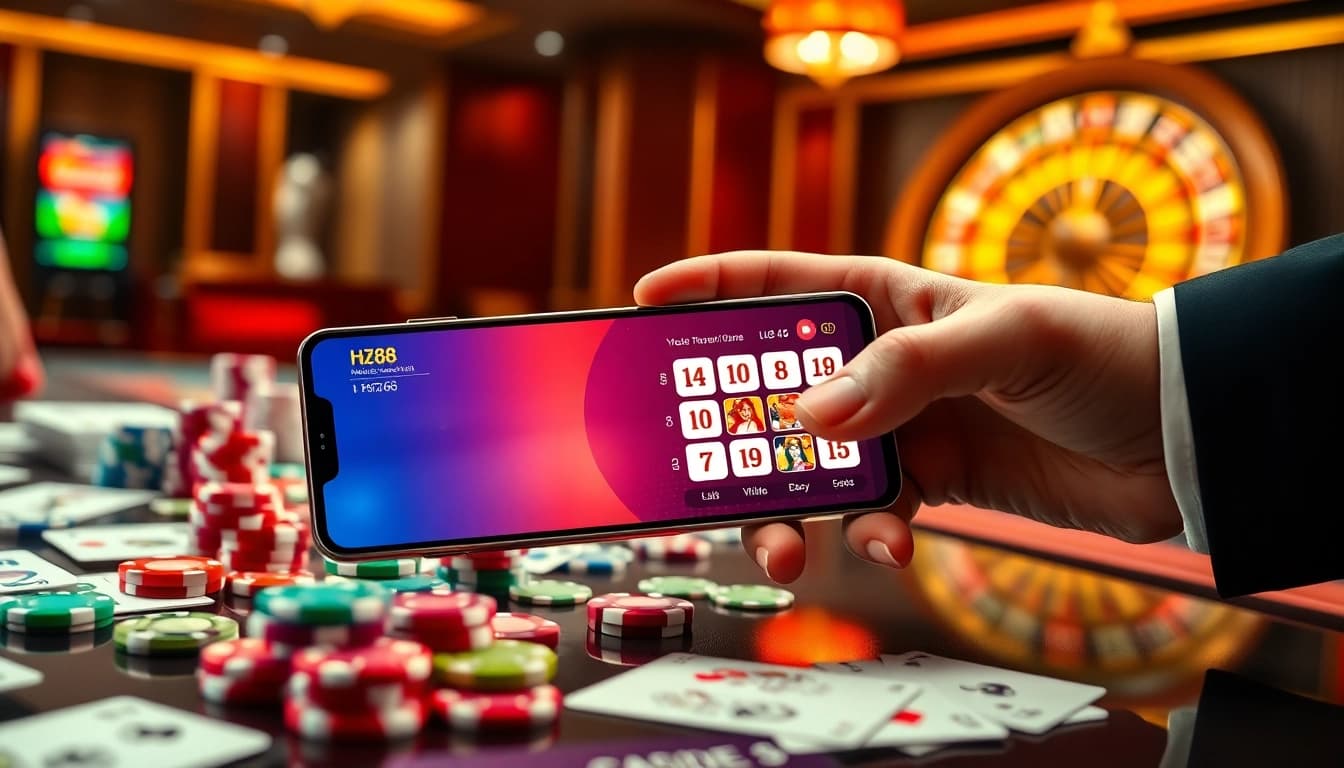 Engaging a winning bet using the hz88 app on a smartphone with vibrant poker chips and casino games