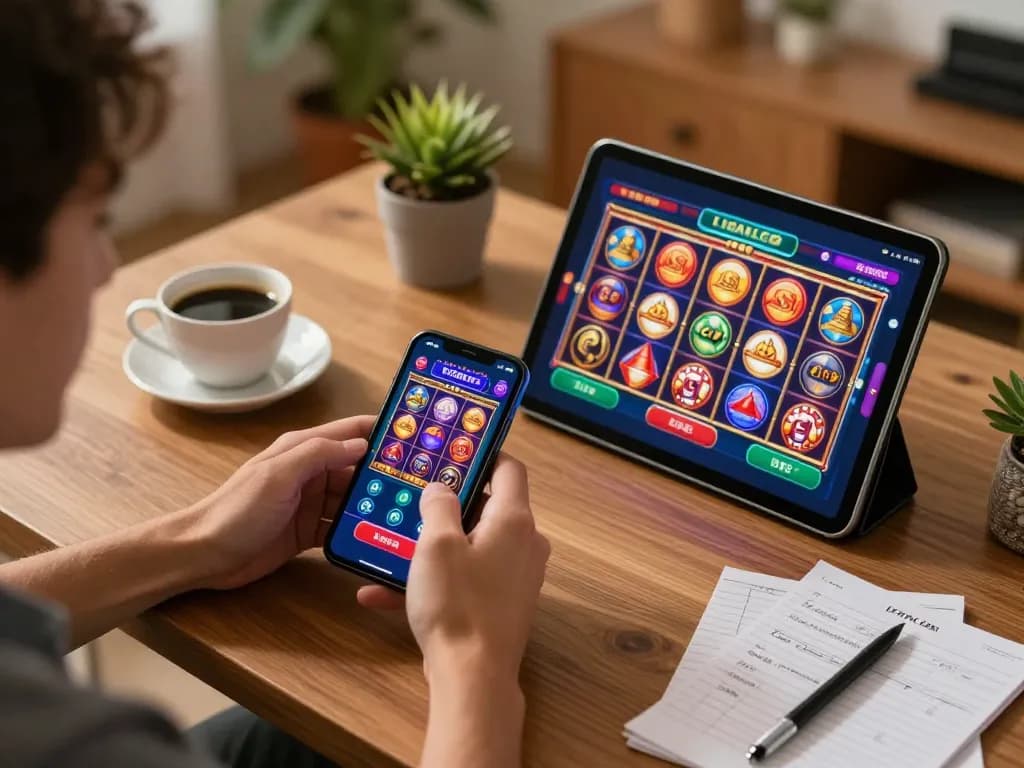 LIGALGO user engaging with casino app on smartphone, displaying dynamic online gaming atmosphere.