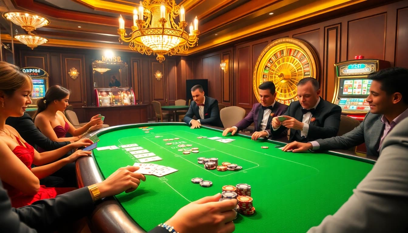 KP88 players enjoying high-stakes poker at an elegant casino table with chips and cards.
