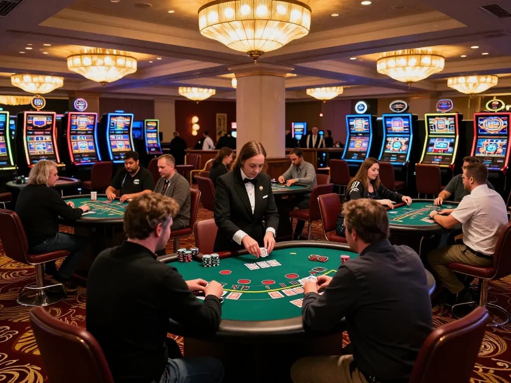 Sunwin players strategizing around blackjack tables in an exciting casino atmosphere.