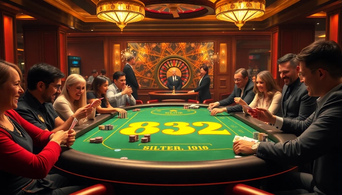 b52 gaming table event with excited players stacking poker chips at a glamorous casino.