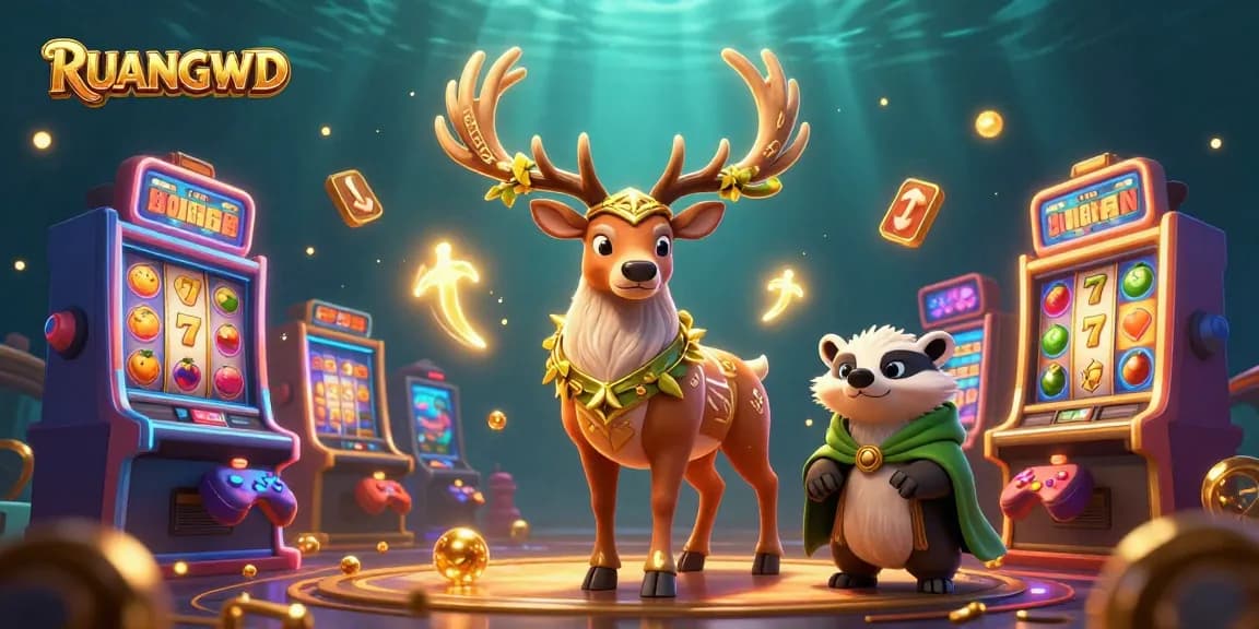 Win big with RUANGWD in an enchanting casino scene featuring magical characters and vibrant slot machines.