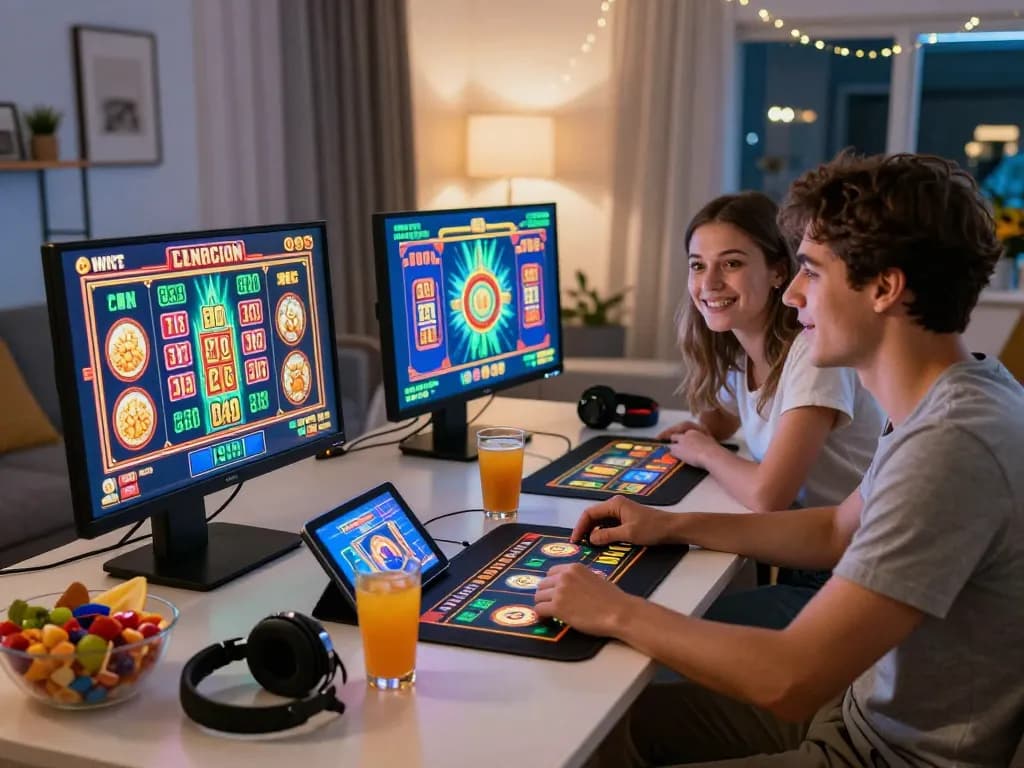 Exciting online gambling scene with link gacor displayed on vibrant slot game screens, illustrating a couple's engaging gaming experience.