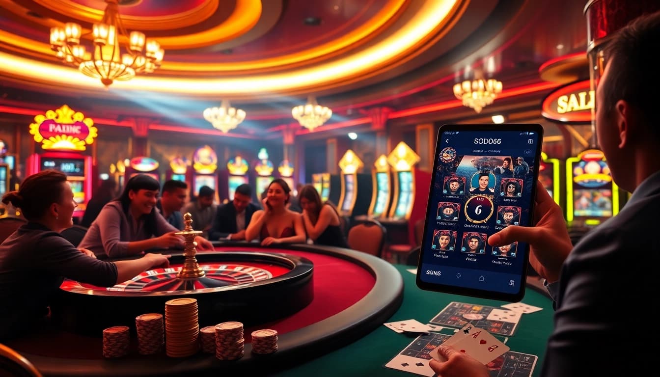 Players engaging with the SODO66 gambling platform in a vibrant casino setting, showcasing excitement and luxury.