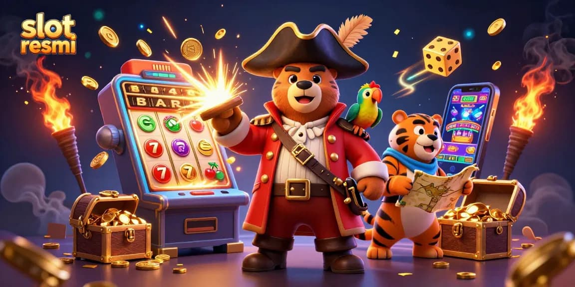 Engage in thrilling gameplay at slot resmi with a vibrant 3D pirate-themed casino illustration showcasing dynamic slot elements.