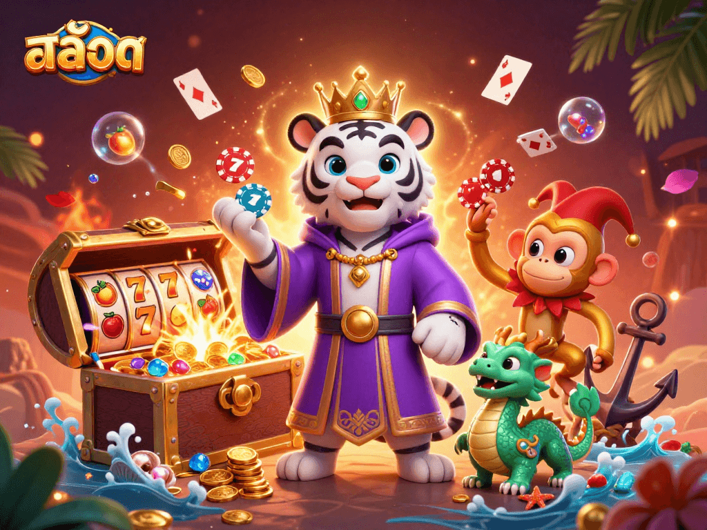 Spin the reels of สล็อต with a lively tiger, monkey, and dragon in a vibrant casino world.