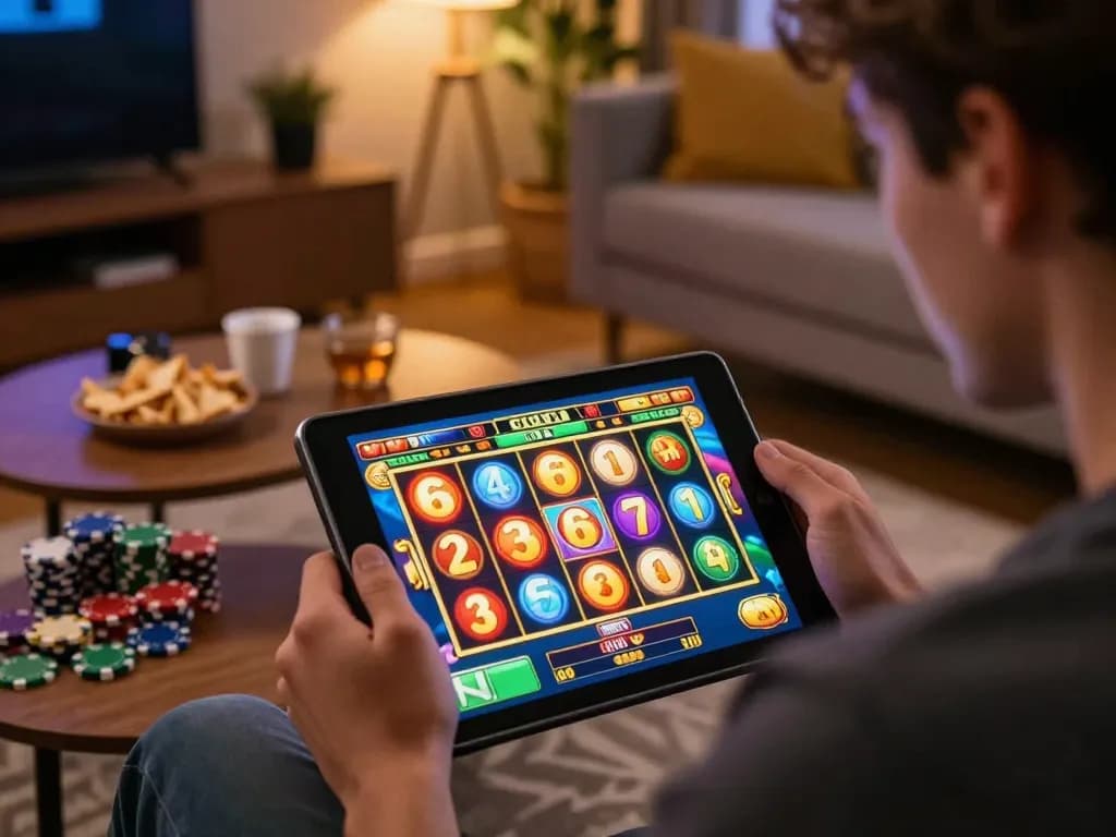Engaging online gaming experience with IDCASH88 on a tablet, colorful slot game action.