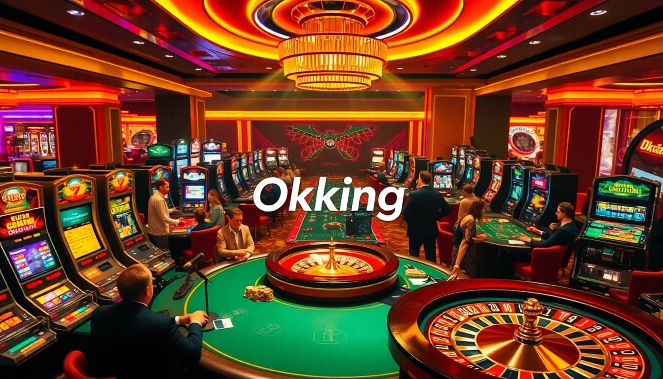 Okking casino scene with excited players at poker and roulette tables, showcasing luxury and thrill.