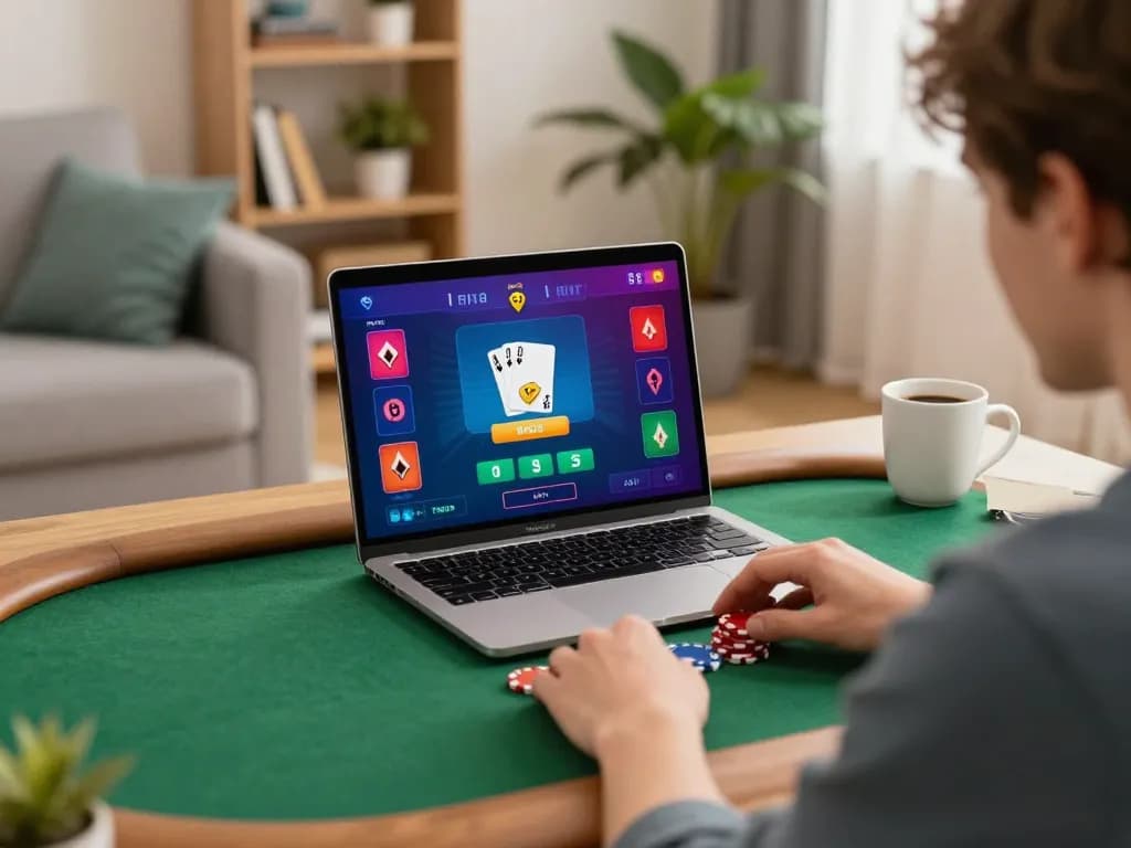 Player enjoying kdtoto poker game on laptop in a cozy living room setting, highlighting strategic online gambling.