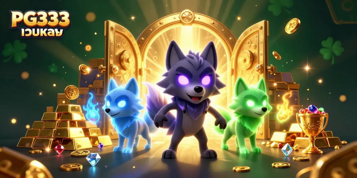 Experience the excitement of PG333 เว็บตรง with a vivid 3D casino scene featuring glowing wolves and treasures.