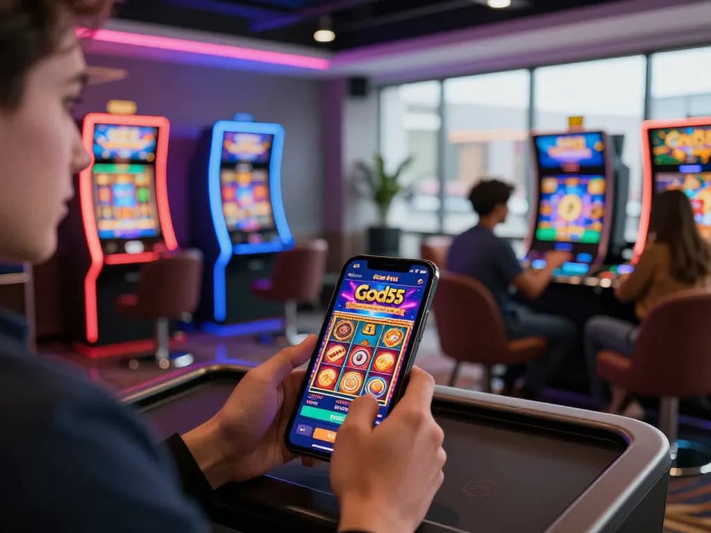 God55 online casino experience showcasing vibrant gaming interface and social engagement in modern lounge.