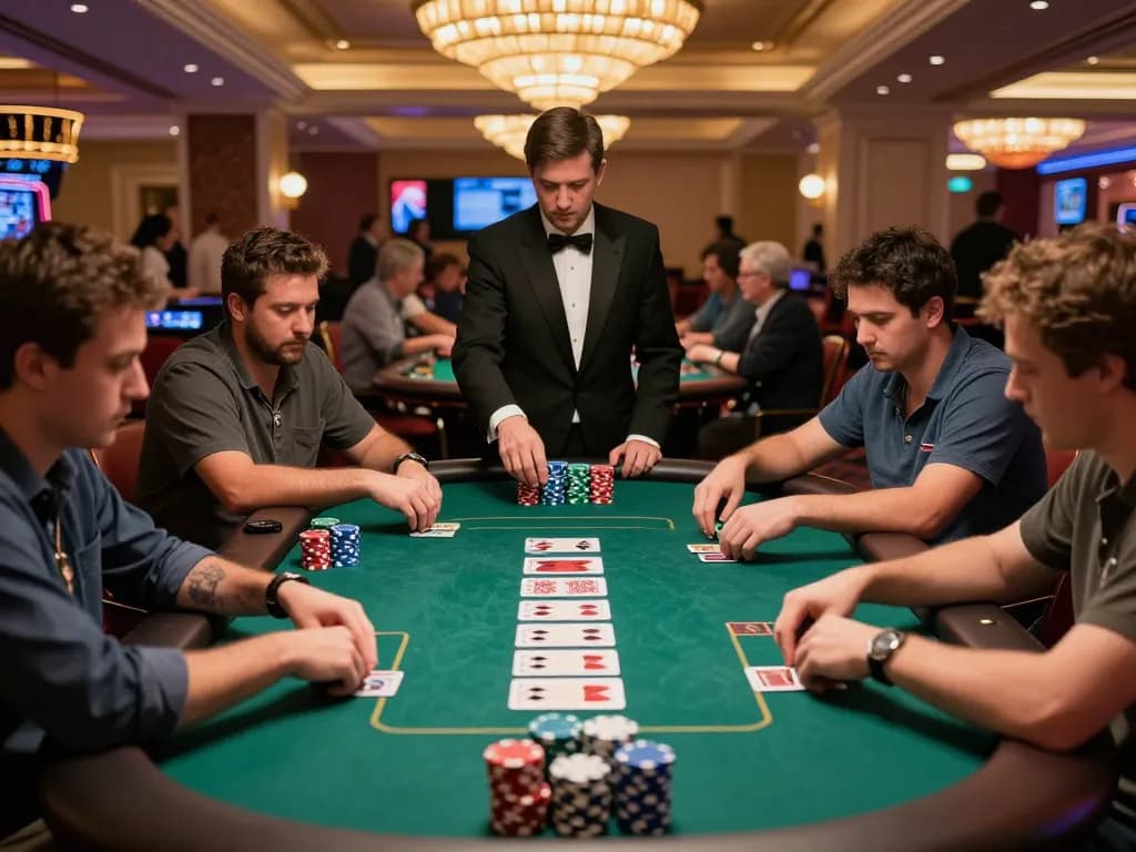 Players engaged in strategic gameplay at a Las Vegas poker table, representing 23win com's immersive gambling experience.