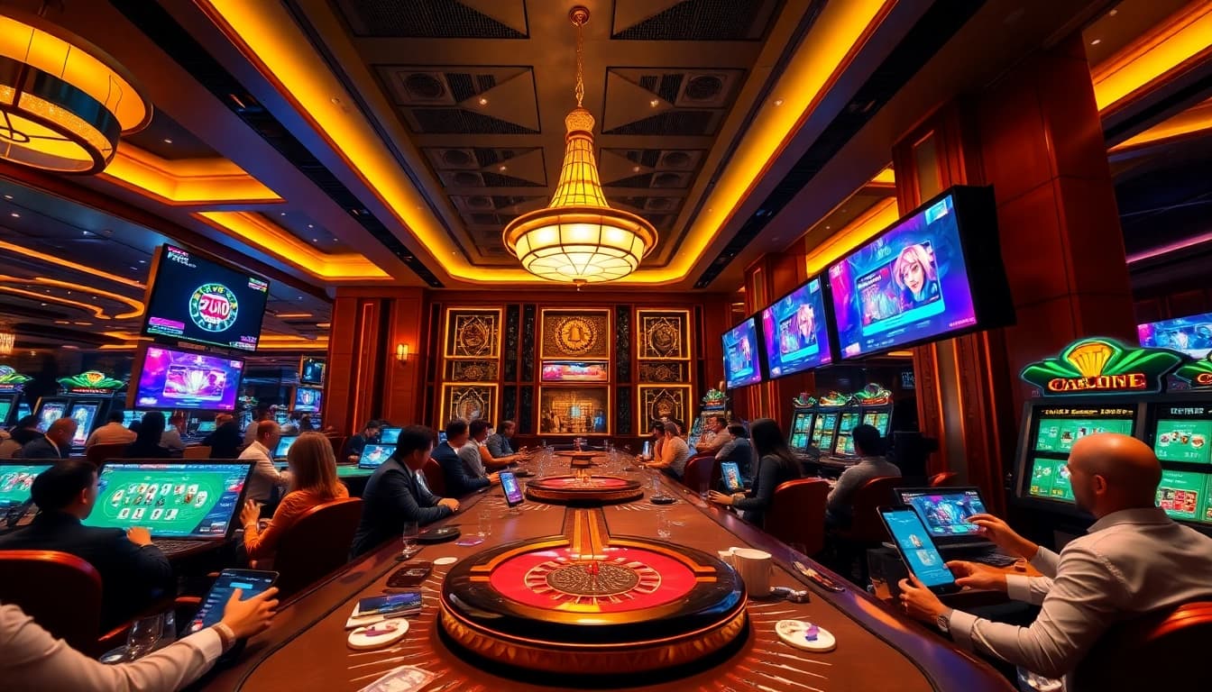Experience the excitement of Thiên đường cờ bạc Nhatvip in a luxurious online casino setting, featuring thrilling games and a vibrant atmosphere.