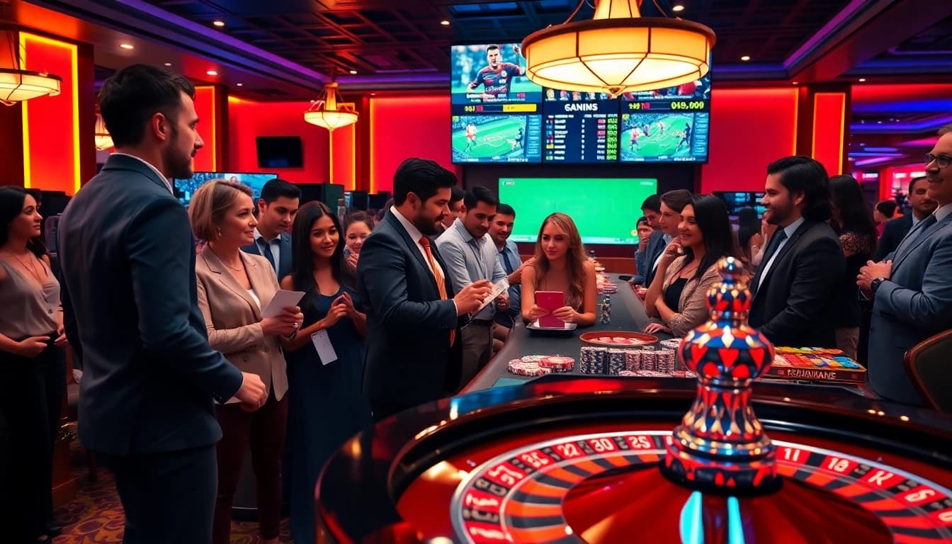 A lively betting scene showcasing Agen Judi Bola at a casino with enthusiastic gamblers placing bets.