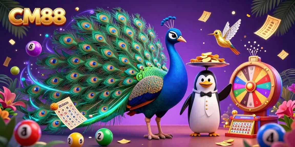 Experience the glamorous world of CM88 with vibrant casino elements, featuring a peacock and a penguin in dynamic action.