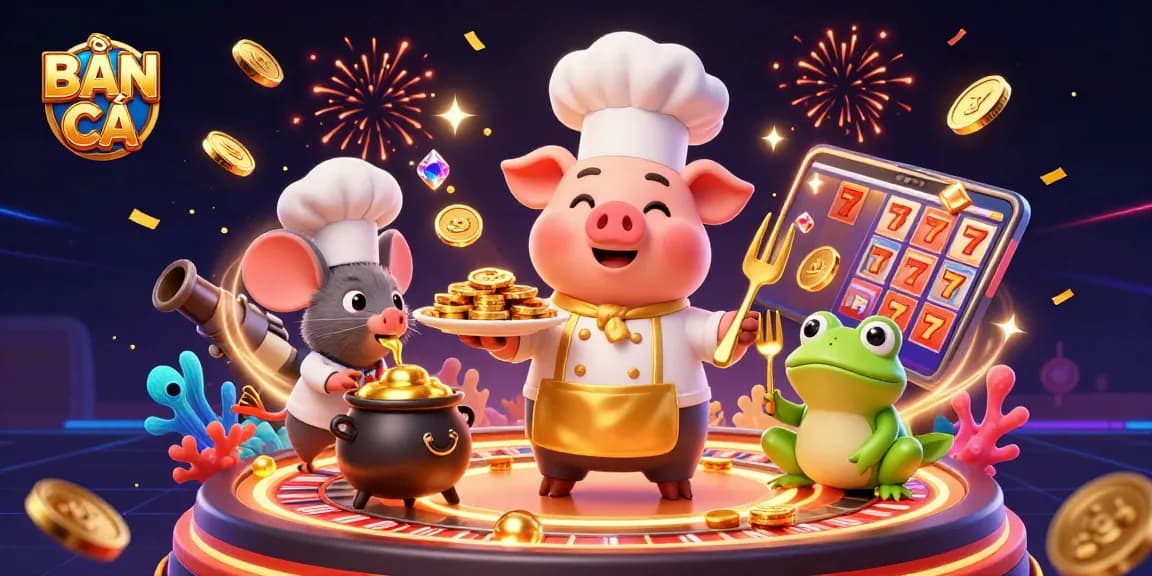 BẮN CÁ: Capture vibrant underwater adventures featuring a chef, mouse, and frog amidst flying coins and sea creatures.