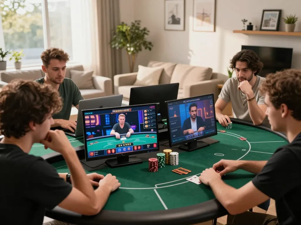 MB66 players actively engaging in online poker with strategy discussions in a cozy home setting