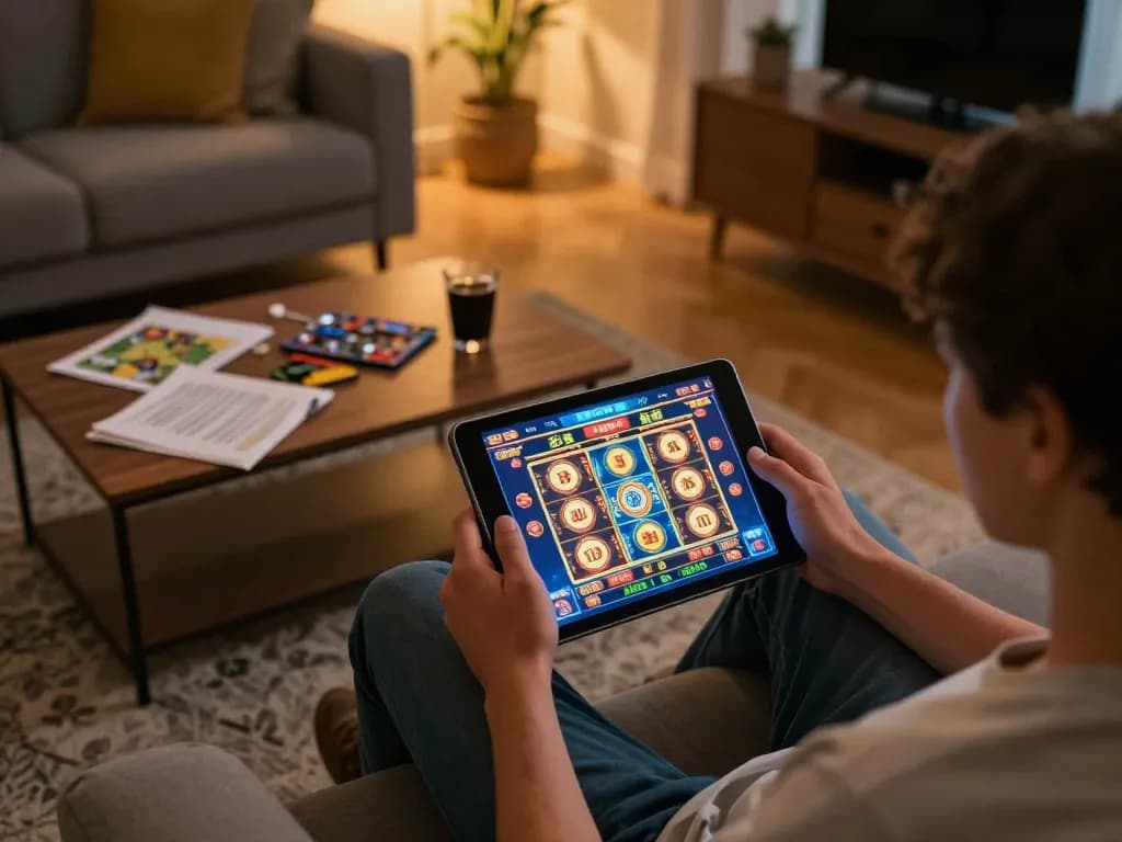 Engaged user playing slot games on tablet at home, showcasing 888NEW COM immersive gaming experience