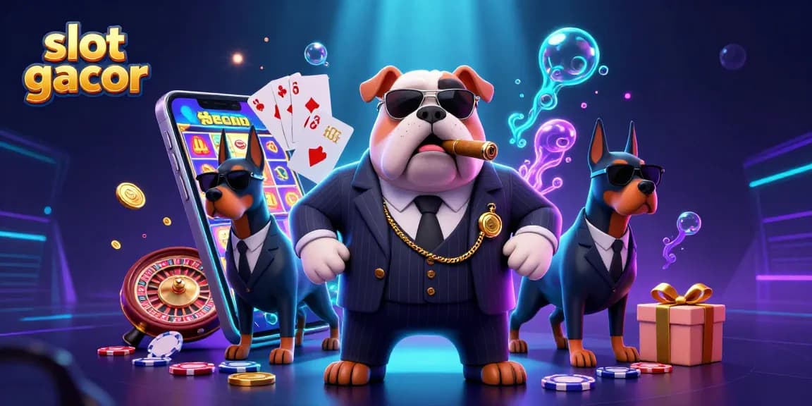 Permainan slot gacor dengan karakter kartun mafia, uang dan kartu berserakan di kasino online.