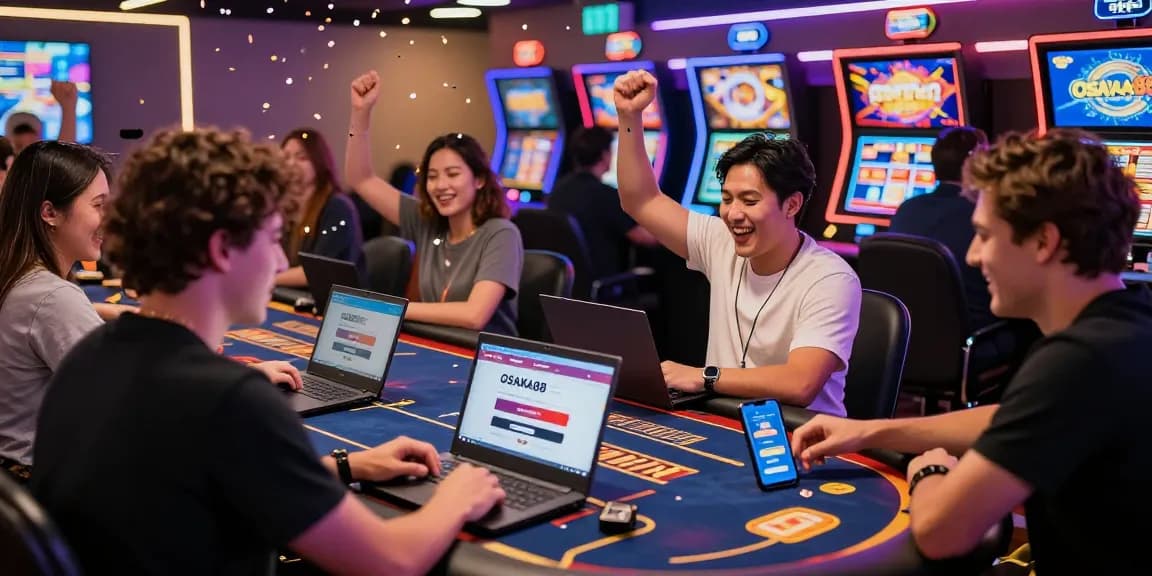 Exciting OSAKA88 login scene with players celebrating wins in vibrant gaming atmosphere