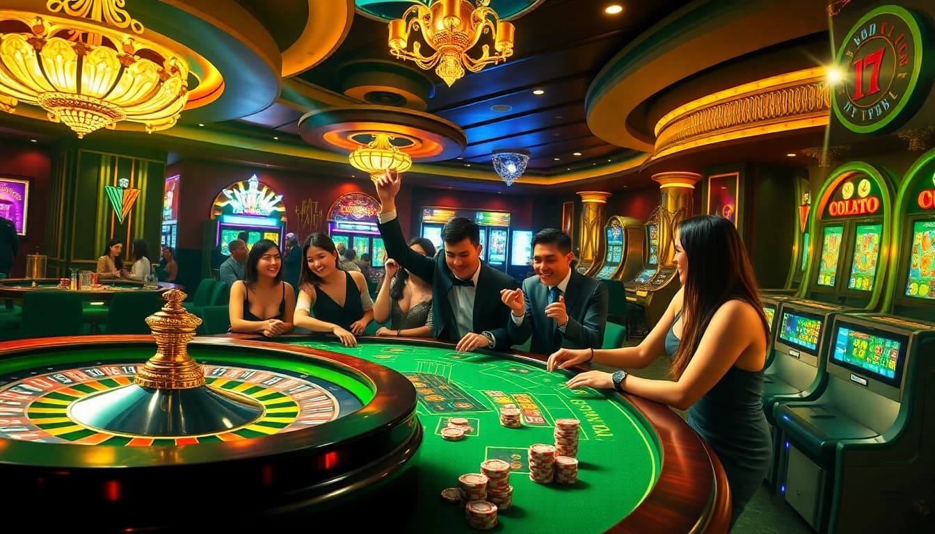 Players enjoying MK8 เครดิตฟรี at a vibrant casino table with roulette and chips.