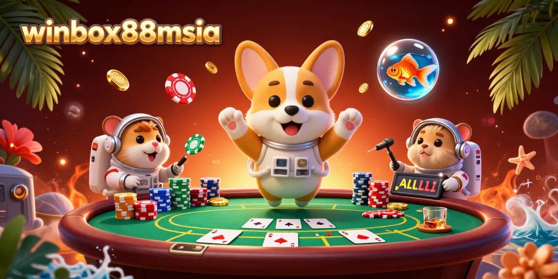 Experience the excitement of winbox88msia with a floating corgi and casino elements in a 3D illustration.