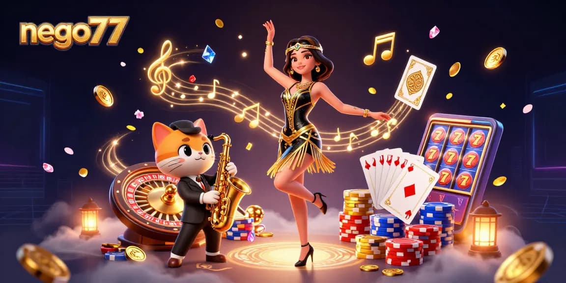 Engage with nego77's thrilling online casino experience featuring spinning reels and vibrant gaming elements.