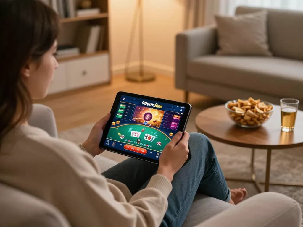 Engaging in live dealer blackjack on 98winlive in a cozy home setting.