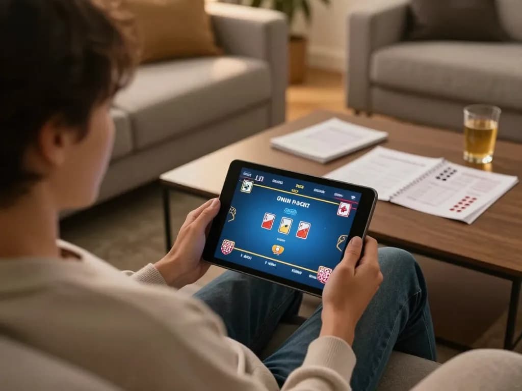 Dewatogel Link Alternatif Login Terbaru in action with user playing poker online on a tablet.