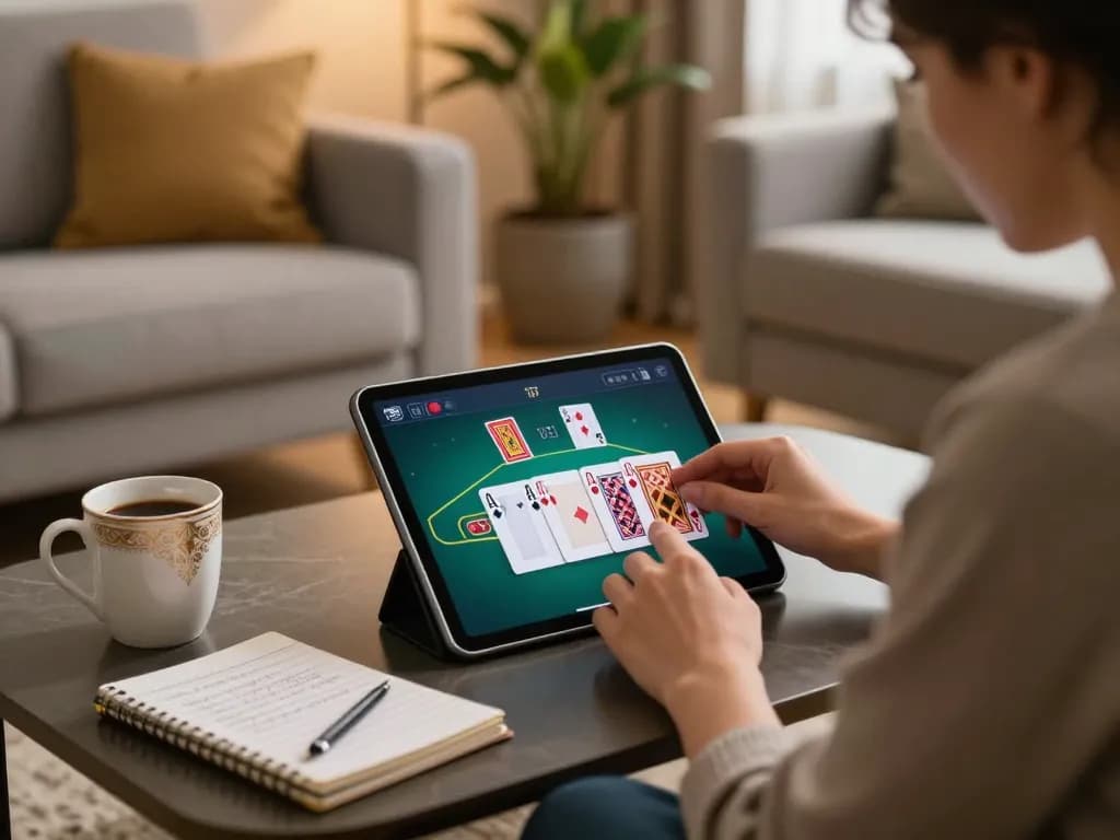 Person playing blackjack on a tablet in a cozy setting, highlighting strategic decisions while enjoying nego77 gaming.