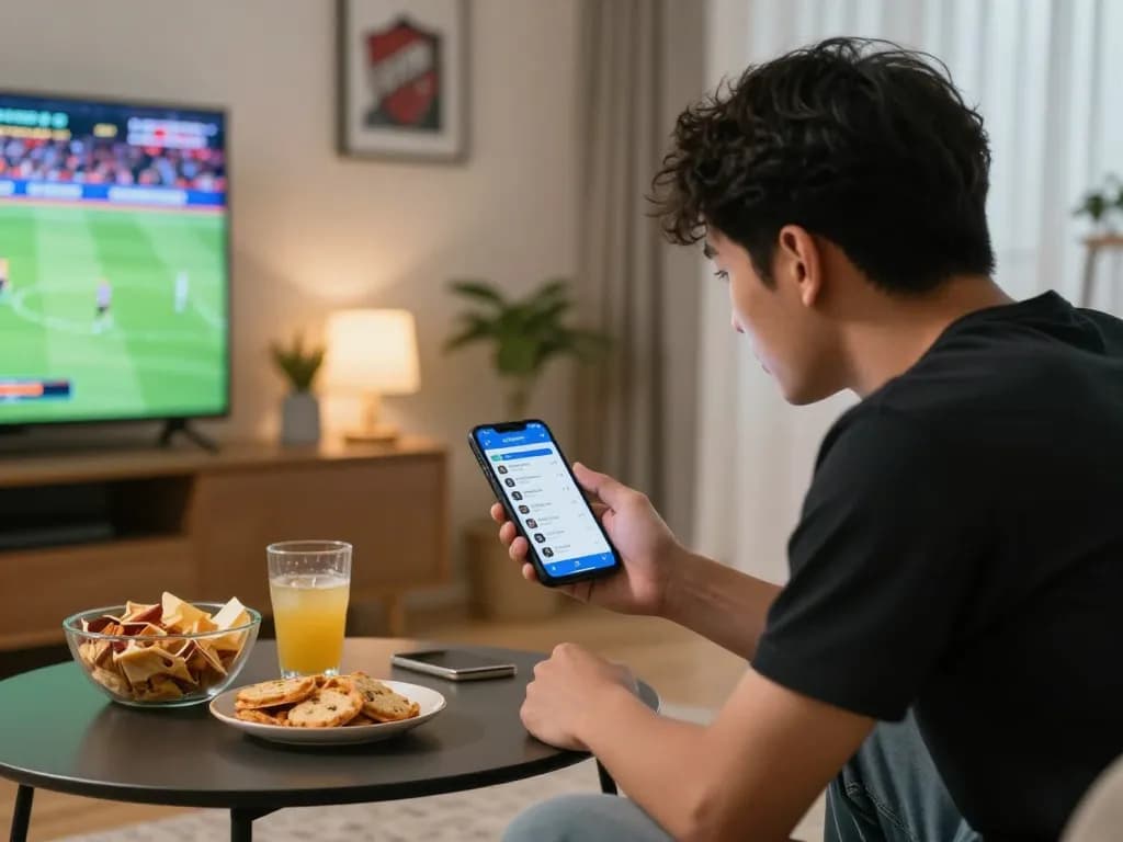 Engaged sports fan analyzing kèo nhà cái hôm nay on mobile app in a cozy home setting