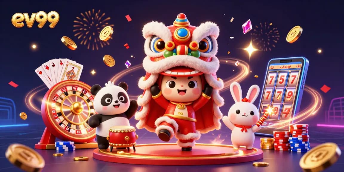 Join the excitement of ev99 as animated characters celebrate with drums, dancing, and vibrant casino elements.