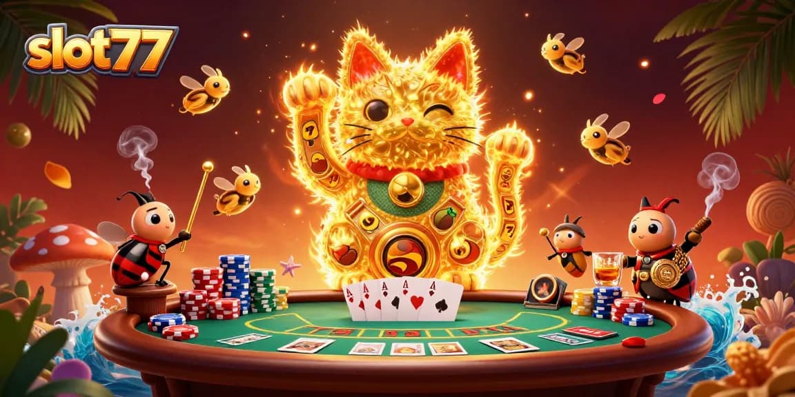 Win big with slot77 in this vibrant 3D casino illustration featuring lucky symbols.