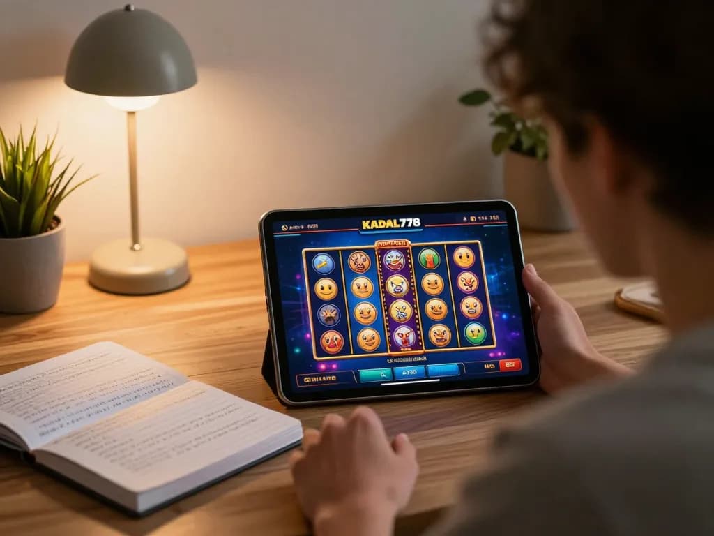 KADAL778 player engaging with online slots on a cozy home desk, symbolizing responsible gaming.