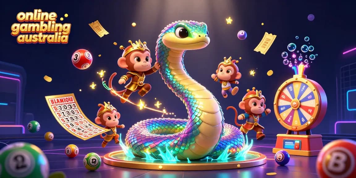 Engage in online gambling australia with a vibrant 3D scene featuring a rainbow serpent, monkey king, and colorful lottery elements.