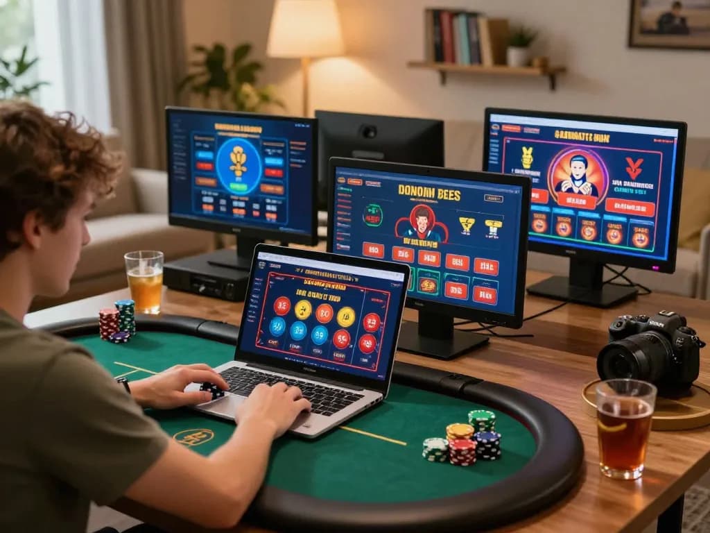 Player using a laptop for online poker at home, showcasing gen-e gaming experience with cozy setting.