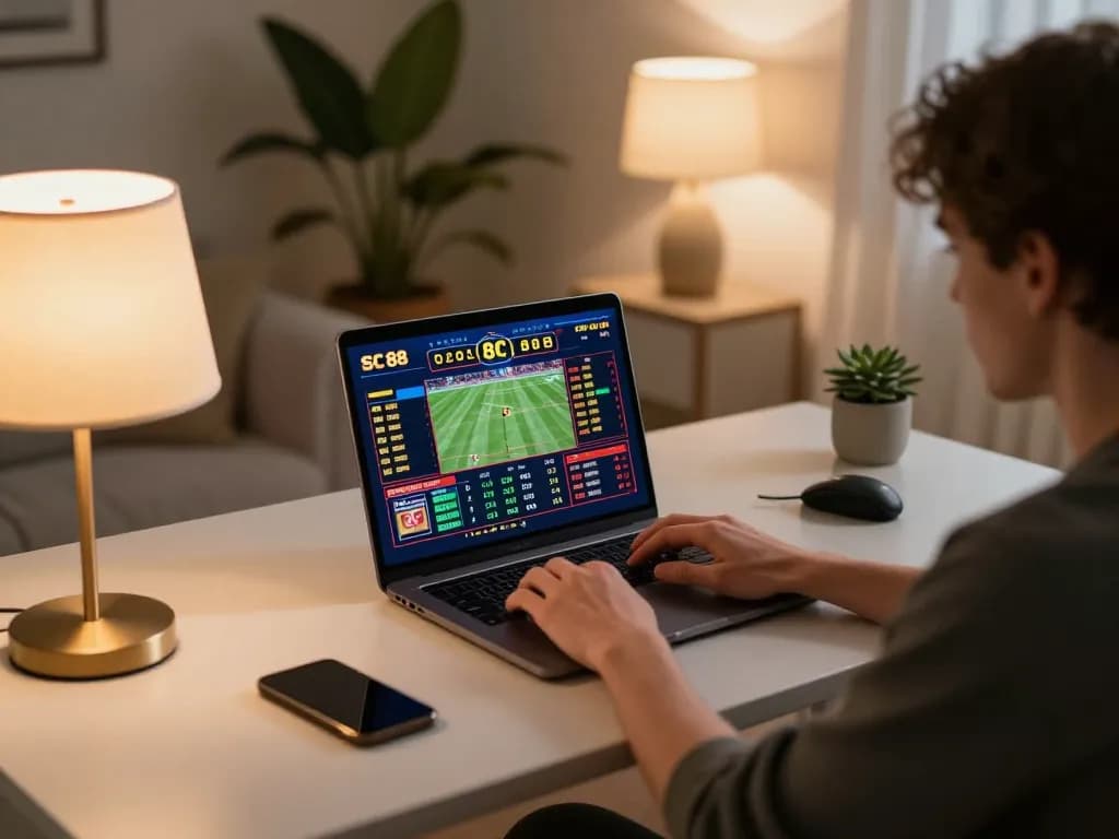 Engaging player using SC 88 for sports betting from a stylish home setting, highlighting online gambling action.