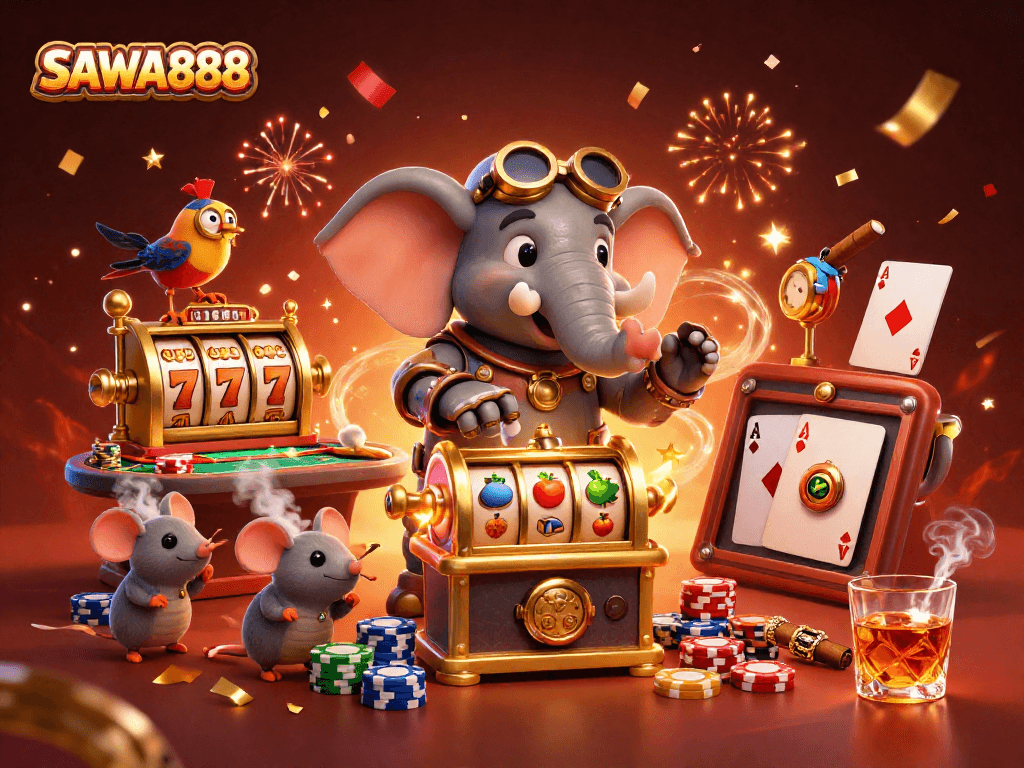 SAWA888 features a vibrant, carnival-like scene with steampunk characters enjoying slot games.