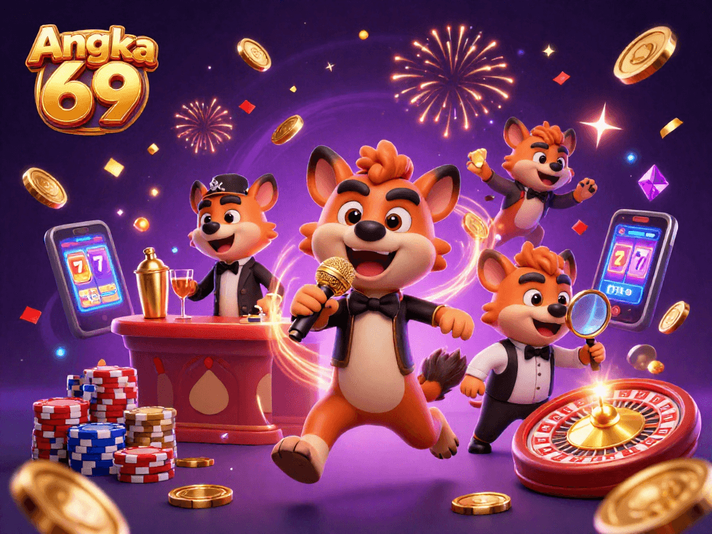 Engage with Angka 69 at a vibrant 3D casino featuring hyena characters mixing drinks, telling jokes, and ensuring fun.