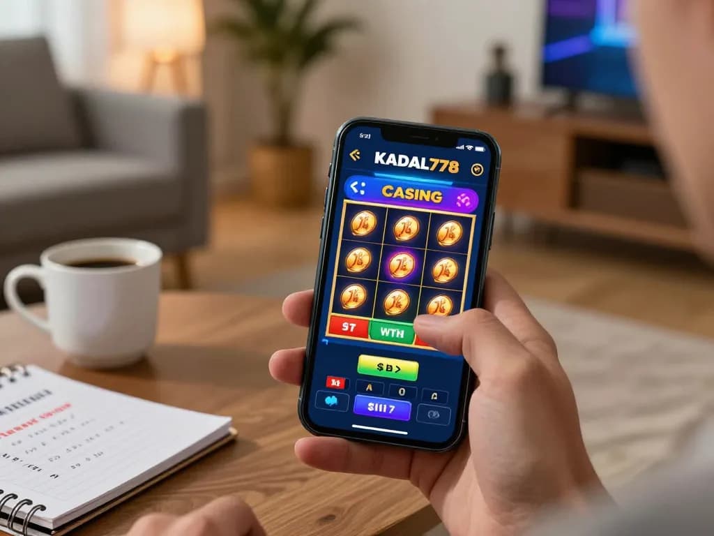 KADAL778 player enjoying an online slot game on a smartphone in a cozy living room setting.