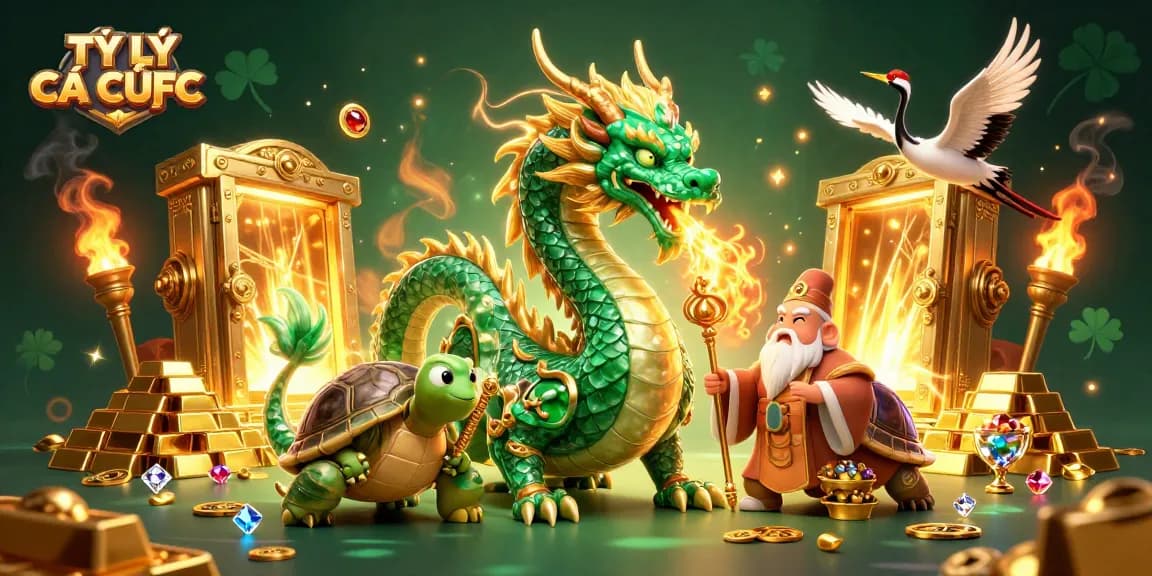 TỶ LỆ CÁ CƯỢC fortune unfolds with a jade dragon, a turtle sage, and lucky cranes amidst a treasure-filled scene.