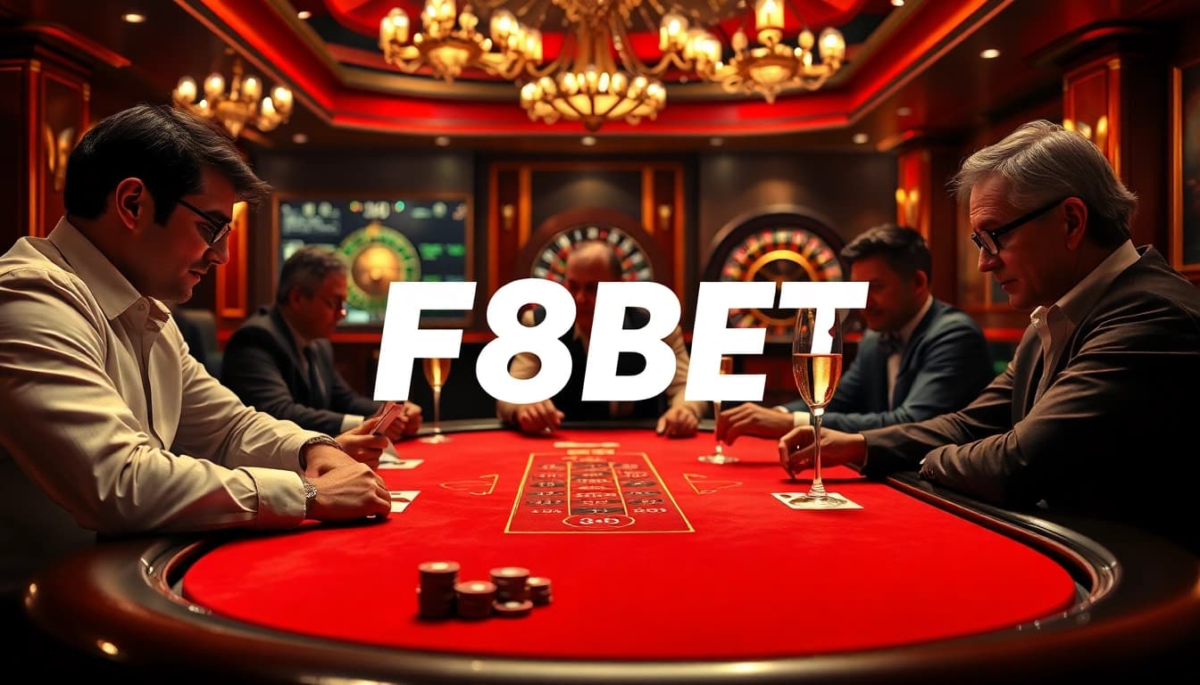 Players immersed in a high-stakes poker game at F8BET casino atmosphere.