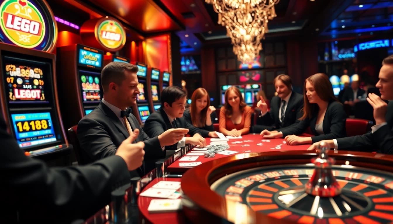Experience thrilling wins at LEGO138 with vibrant slot machines and excited players.
