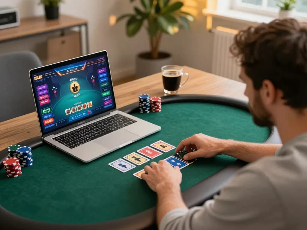 GEMWIN user engaging in online poker game, displaying strategic betting moments in a cozy home office