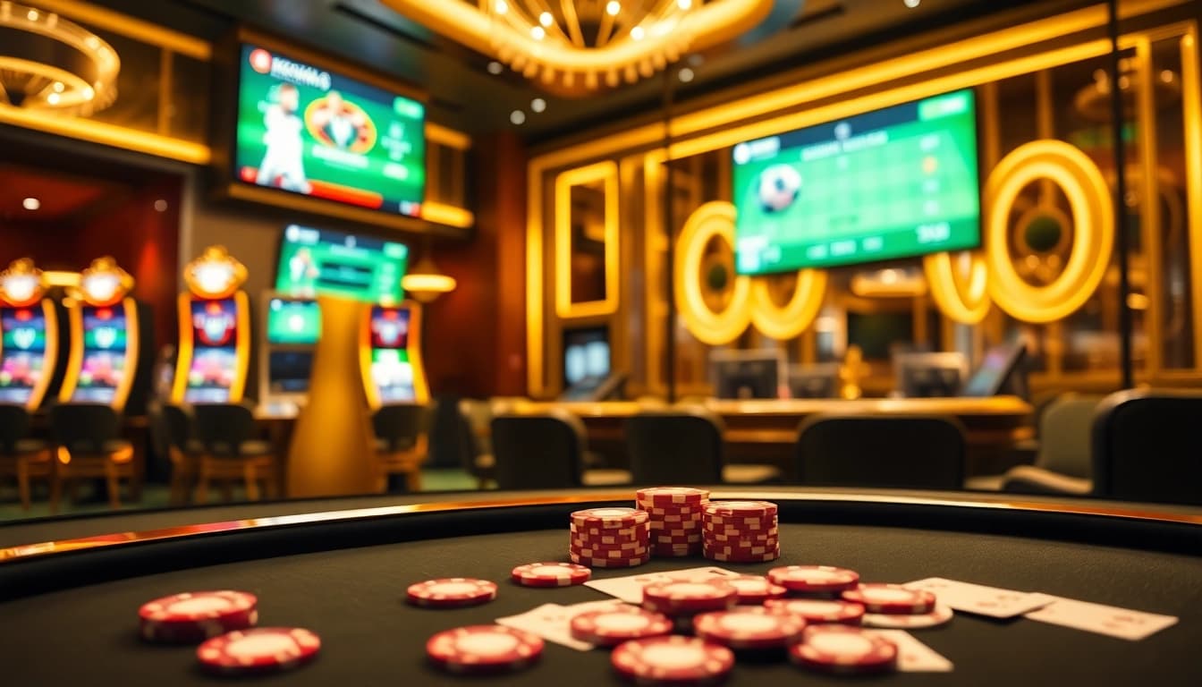 Experience the thrilling atmosphere of keonhacai5's online gambling scene with vibrant casino elements.