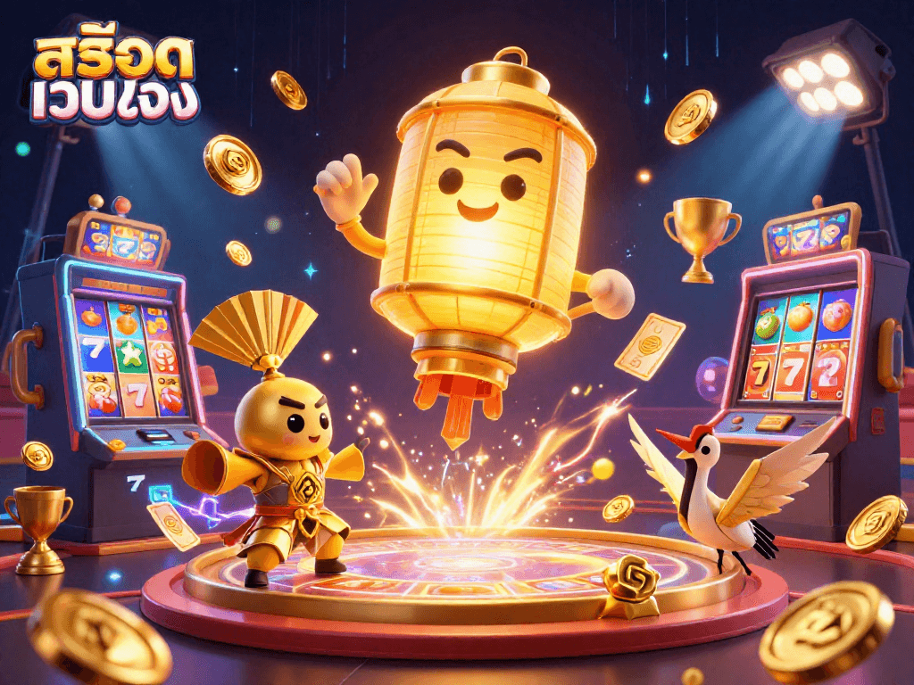 Experience the excitement of สล็อตเว็บตรง with a vibrant slot machine-themed casino illustration.